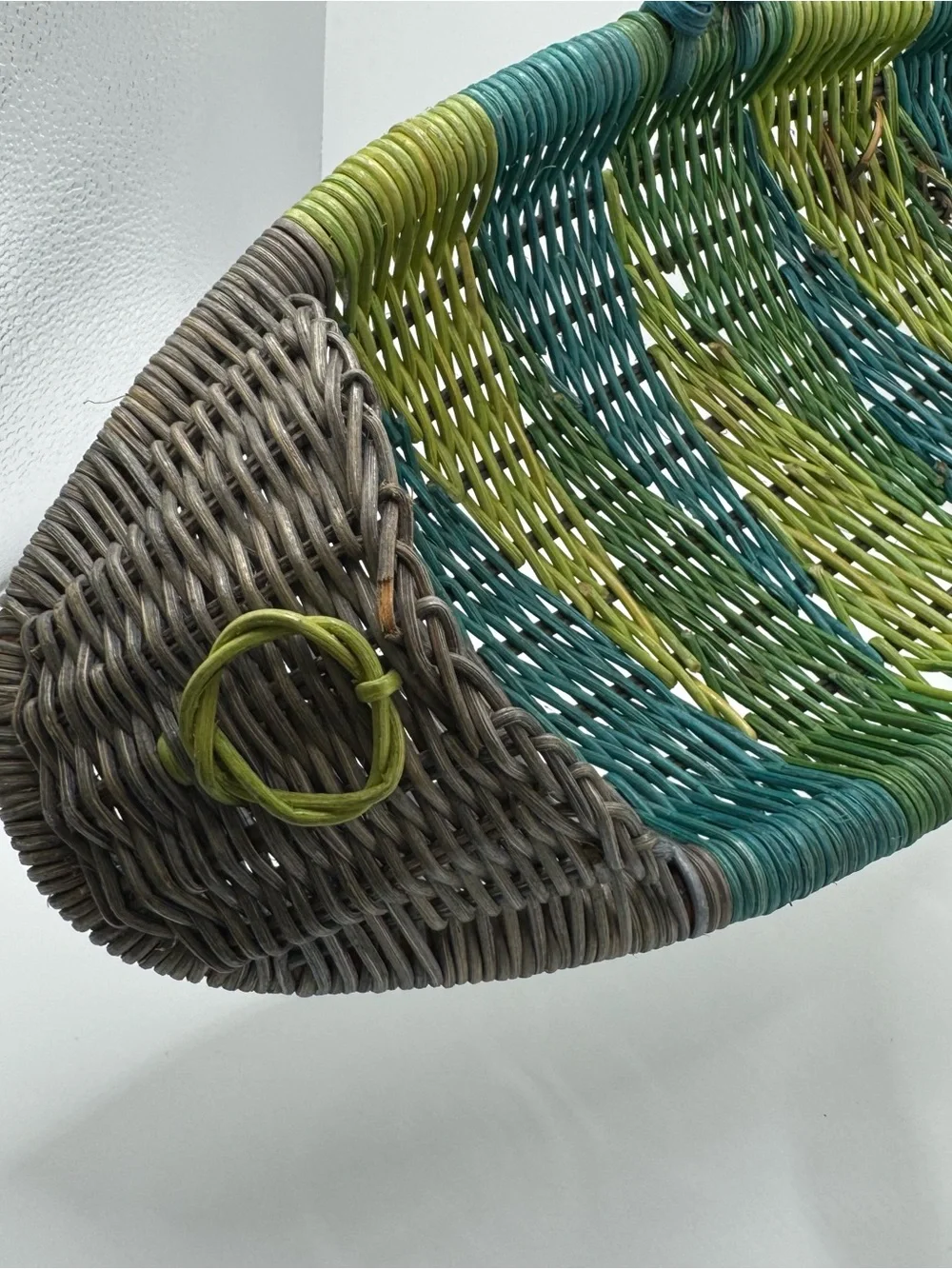 Vintage Wicker Fish Basket Shaped Fruit Bowl Colorful Hand Woven Boho Handle 70s
